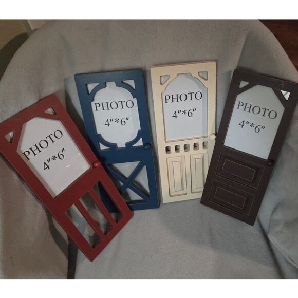 Lot 4 Wood Screen Door Photo Frames Primitive Decor Country Red Blue - Picture 2 of 8